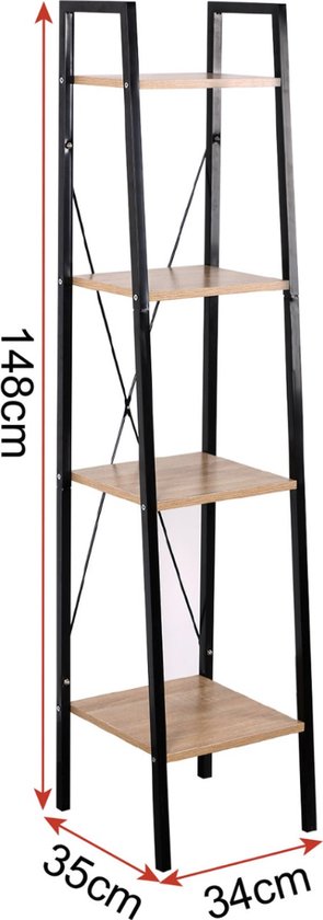 Boekenkast Dita industrieel - 4 lagen - Bruin - Boekenrek - Woonkamer, slaapkamer en kinderkamer - Hout - Wit - 34 x 35 x 148 cm