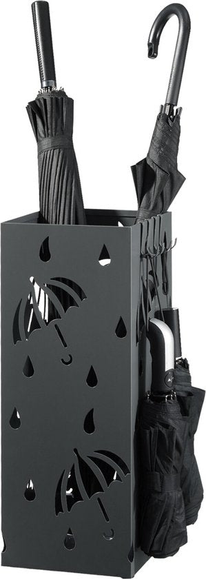 Happyment Ronde Paraplubak Jiva - Parapluhouder metaal - Verwijderbare wateropvangbak - Met haak - Antraciet - Metaal - 49 x 20 x 20 cm