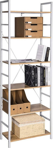 Happyment Boekenkast Larry - Industrieel - 6 Lagen - Wit/Oak - Boekenrek - Woonkamer, slaapkamer en kinderkamer - Hout/Metaal - 60x28x180cm