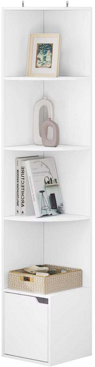 Boekenkast met 5 Lagen - Voor Woonkamer, Kantoor of Studeerkamer - Staande Hoekkast met Opbergruimte en Deurtje - Wit MDF