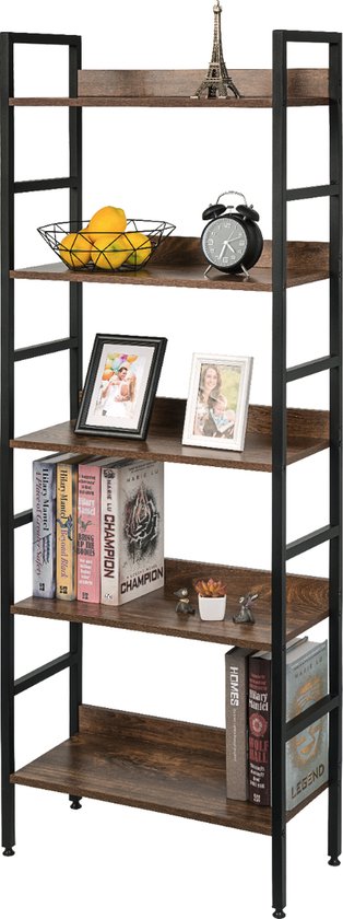 Happyment Boekenkast Oda - Industrieel - 5 Lagen - Bruin/Grijs - Hout Look - Boekenrek - Woonkamer, slaapkamer en kinderkamer - Hout/Metaal - 60 x 27.5 x 160 cm