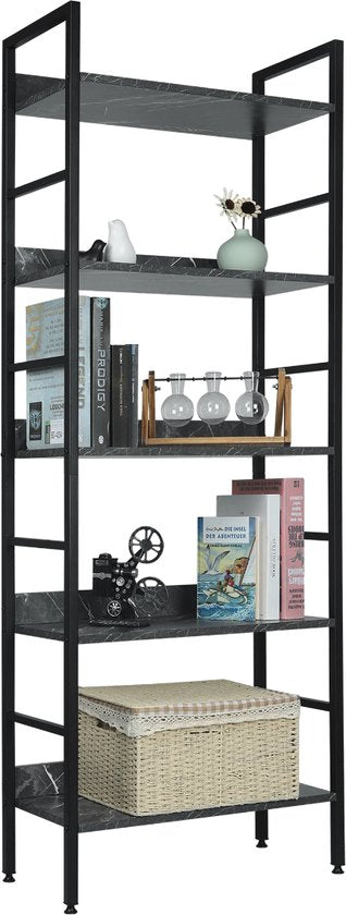 Boekenkast Hilta - Industrieel - 5 Lagen - Zwart/Grijs- Marble Look - Boekenrek - Woonkamer, slaapkamer en kinderkamer - Hout/Metaal - 60 x 27.5 x 160 cm