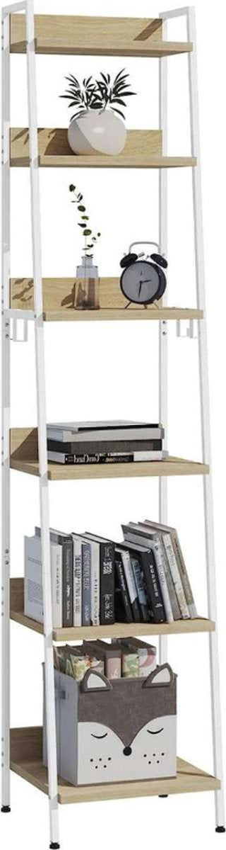 Happyment Boekenkast Dida - Industrieel - 6 Lagen - Wit/Oak - Boekenrek - Woonkamer, slaapkamer en kinderkamer - Hout/Metaal - 41 x 187 x 36 cm