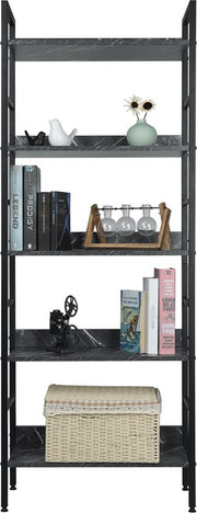 Boekenkast Hilta - Industrieel - 5 Lagen - Zwart/Grijs- Marble Look - Boekenrek - Woonkamer, slaapkamer en kinderkamer - Hout/Metaal - 60 x 27.5 x 160 cm