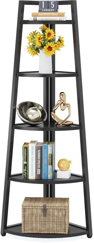 Hoekkast Treviano - Vakkenkast 180cm - Boekenrek Hoekmeubel - Opbergrek 5 Lagen - Zwart