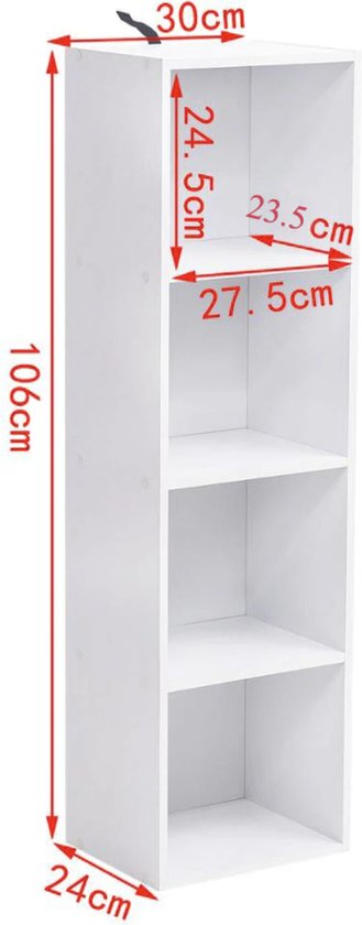 Happyment Boekenkast Hilda - Opbergrek - 4 Lagen - Open Planken - Kantoor - Woonkamer - Slaapkamer - 30x24x106 cm - Wit