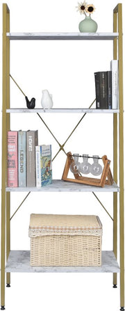 Boekenkast Foki - 4 lagen - Wit/Goud - Marble look - Boekenrek - Woonkamer, slaapkamer en kinderkamer - Hout - Wit - 60 x 35 x 148 cm