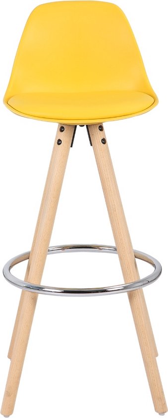 Hoge Barkruk Zizi - Zithoogte 75cm - Geel - Set van 1 - Keuken - Barstoelen - Met rugleuning - Kunstleer - Bruin frame