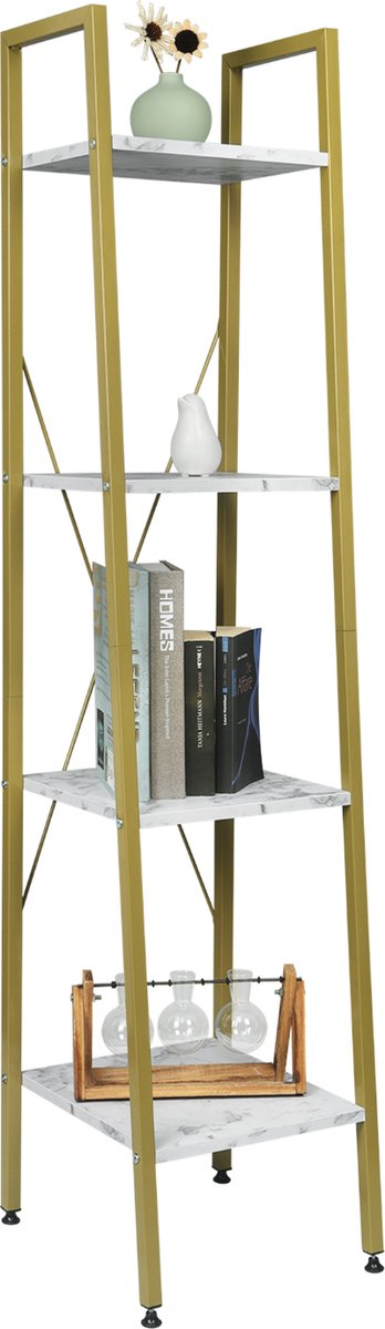 Happyment Boekenkast Vila - 4 lagen - Wit/Goud - Marble look - Boekenrek - Woonkamer, slaapkamer en kinderkamer - Hout - Wit - 34 x 35 x 148 cm