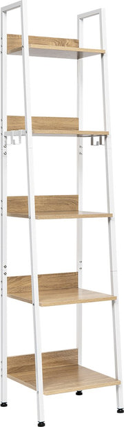 Happyment Boekenkast Galito - 5 lagen - Wit - Marble look - Boekenrek - Woonkamer, slaapkamer en kinderkamer - Hout - Metaal - 40 x 36 x 170 cm - inclusief 4 haken
