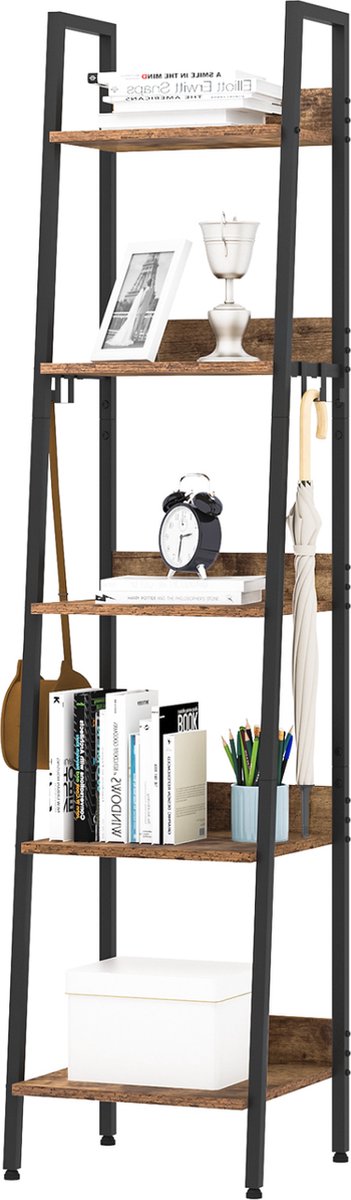 Happyment Boekenkast Tida - 5 lagen - Zwart - Marble look - Boekenrek - Woonkamer, slaapkamer en kinderkamer - Hout - Metaal - 40 x 36 x 170 cm - inclusief 4 haken