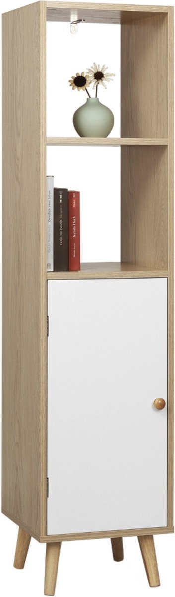 Happyment Boekenkast Zika - 4 Lagen - Inclusief deur - Wit/Oak - 33x30x133cm - Boekenplank - Woonkamer, slaapkamer en kinderkamer - Hout