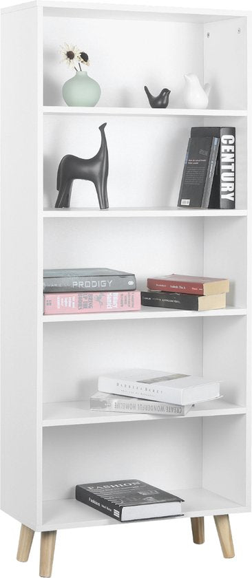 Happyment Boekenkast industrieel - 4 lagen - Op poten - Wit - Boekenrek - Woonkamer, slaapkamer en kinderkamer - Hout - 60 x 24x 144 cm