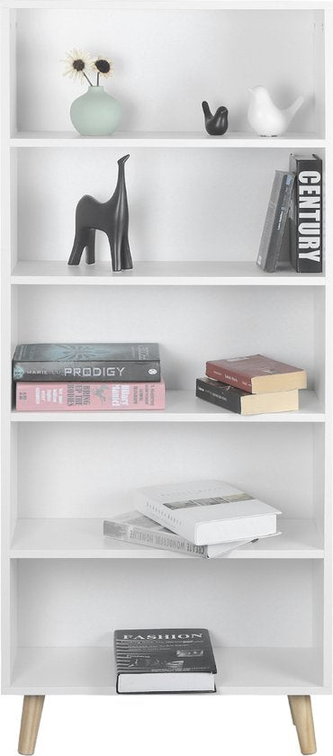 Happyment Boekenkast industrieel - 4 lagen - Op poten - Wit - Boekenrek - Woonkamer, slaapkamer en kinderkamer - Hout - 60 x 24x 144 cm