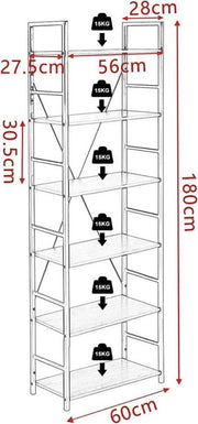 Boekenkast Zerry - Industrieel - 6 Lagen - Wit/Zwart - Boekenrek - Woonkamer, slaapkamer en kinderkamer - Hout/Metaal - 60x28x180cm