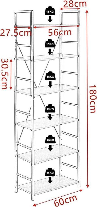 Boekenkast Zerry - Industrieel - 6 Lagen - Wit/Zwart - Boekenrek - Woonkamer, slaapkamer en kinderkamer - Hout/Metaal - 60x28x180cm