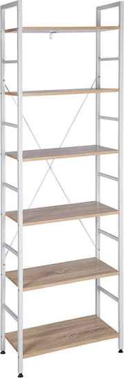 Happyment Boekenkast Larry - Industrieel - 6 Lagen - Wit/Oak - Boekenrek - Woonkamer, slaapkamer en kinderkamer - Hout/Metaal - 60x28x180cm