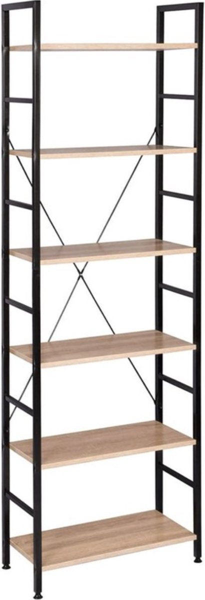 Bolt Edge Boekenkast - Zwart/Oak - Industrieel - 6 Lagen - 60x28x180cm - Hout/Metaal