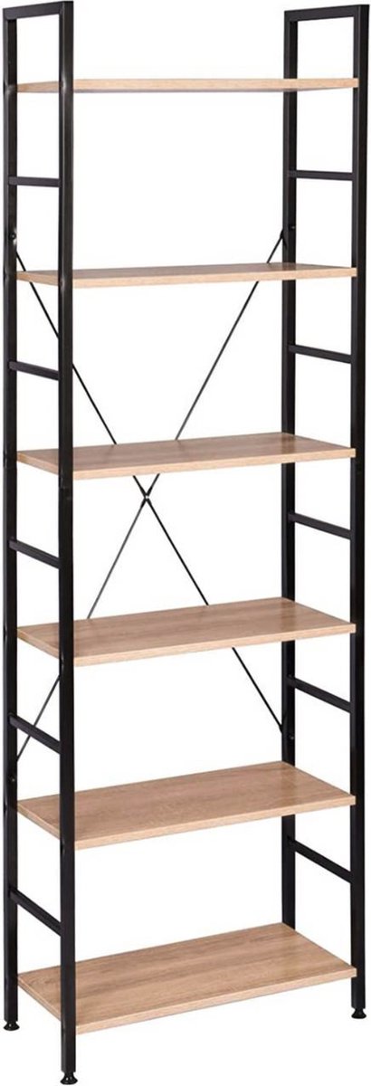 Boekenkast Lerrie - Industrieel - 6 Lagen - Zwart/Oak - Boekenrek - Woonkamer, slaapkamer en kinderkamer - Hout/Metaal - 60x28x180cm