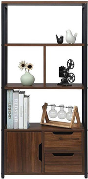 Happyment Boekenkast industrieel - 4 Lagen - Donkerbruin - 1 Deur en 2 Lades - Boekenrek - Woonkamer, slaapkamer en kinderkamer - Hout/Metaal - 58 x 24 x 120 cm