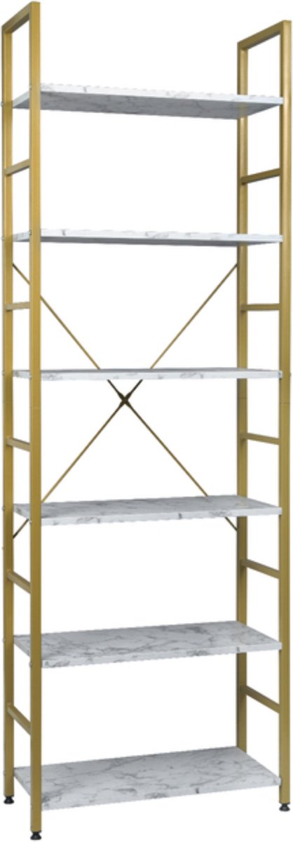 Happyment Boekenkast Nerry - Industrieel - 6 Lagen - Wit/Goud - Marble Look - Boekenrek - Woonkamer, slaapkamer en kinderkamer - Hout/Metaal - 60x28x180cm