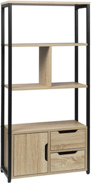 Bolt Edge Boekenkast - Industrieel - 4 Lagen - Oak - Met Deur en Lades - Hout/Metaal