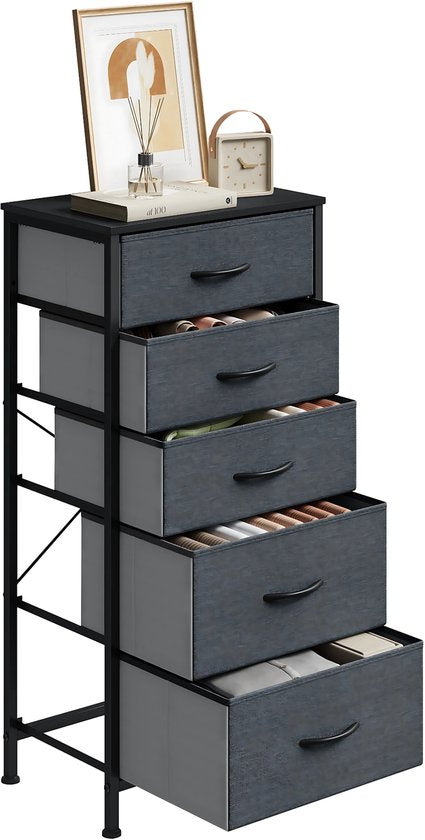 Ladekast met 5 Laden -Dressior - Kast - Voor Slaapkamer, Keuken, Kantoor of Woonkamer - Smal Dressoir met Stoffen Laden