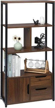 Happyment Boekenkast industrieel - 4 Lagen - Donkerbruin - 1 Deur en 2 Lades - Boekenrek - Woonkamer, slaapkamer en kinderkamer - Hout/Metaal - 58 x 24 x 120 cm
