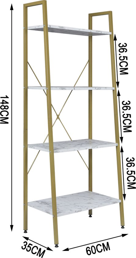 Boekenkast Foki - 4 lagen - Wit/Goud - Marble look - Boekenrek - Woonkamer, slaapkamer en kinderkamer - Hout - Wit - 60 x 35 x 148 cm