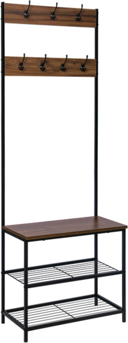 Happyment Kapstok Deri staand - Met schoenenrek - Industrieel - XL Garderoberek - Kapstokhaak - Hout & metaal - 7 haken - 3 planken