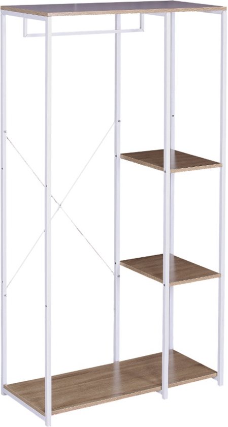Happyment Kledingrek Diza- Met opbergruimte - Wit - Schoenenrek organizer - Kapstok - Garderobekast - Garderoberek - Kledingkast hout - 3 planken