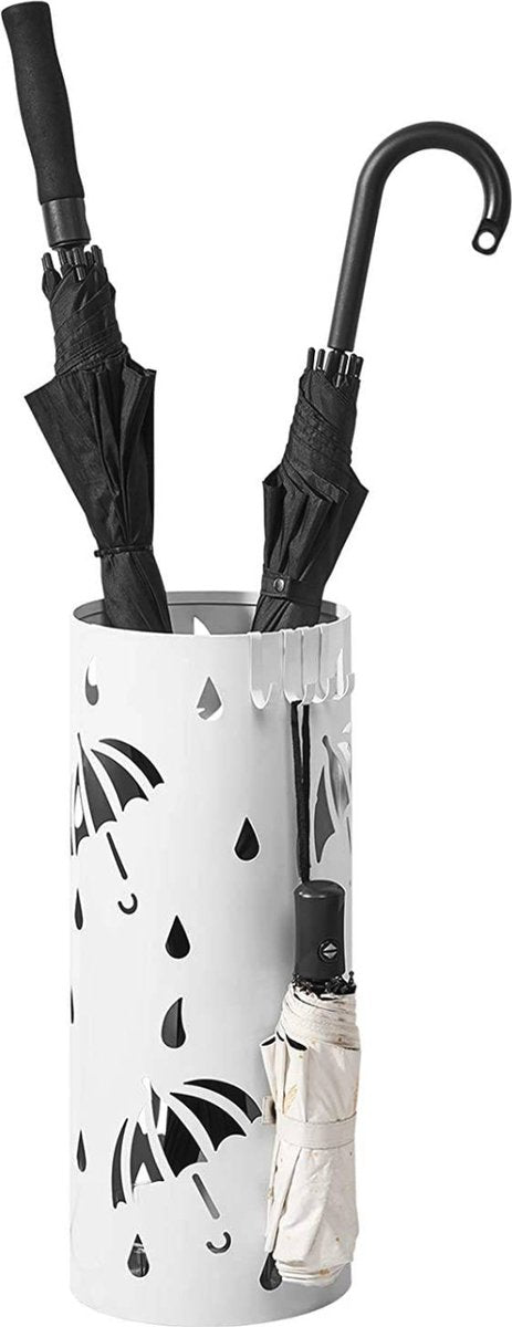 Happyment Ronde Paraplubak Ziva - Parapluhouder metaal - Verwijderbare wateropvangbak - Met haak - Wit - Metaal - 49 x Ø 20cm