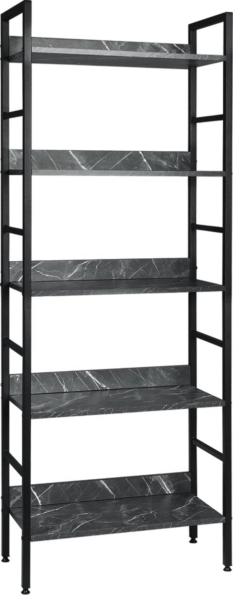 Boekenkast Hilta - Industrieel - 5 Lagen - Zwart/Grijs- Marble Look - Boekenrek - Woonkamer, slaapkamer en kinderkamer - Hout/Metaal - 60 x 27.5 x 160 cm