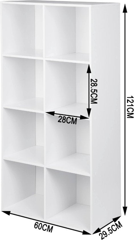 Happyment Boekenkast OPEN - 8 Vakken - Wit - Boekenkast - Boekenrek - Woonkamer, slaapkamer en kinderkamer - Hout - 60 x 29.5 x 121 CM