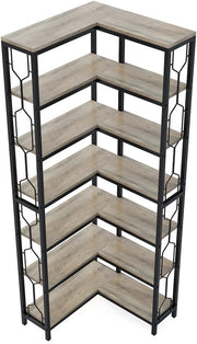 Boekenkast met 7 Lagen - Hoekkast - Grijs - Hoekrek - Voor Woonkamer, Slaapkamer of Kantoor