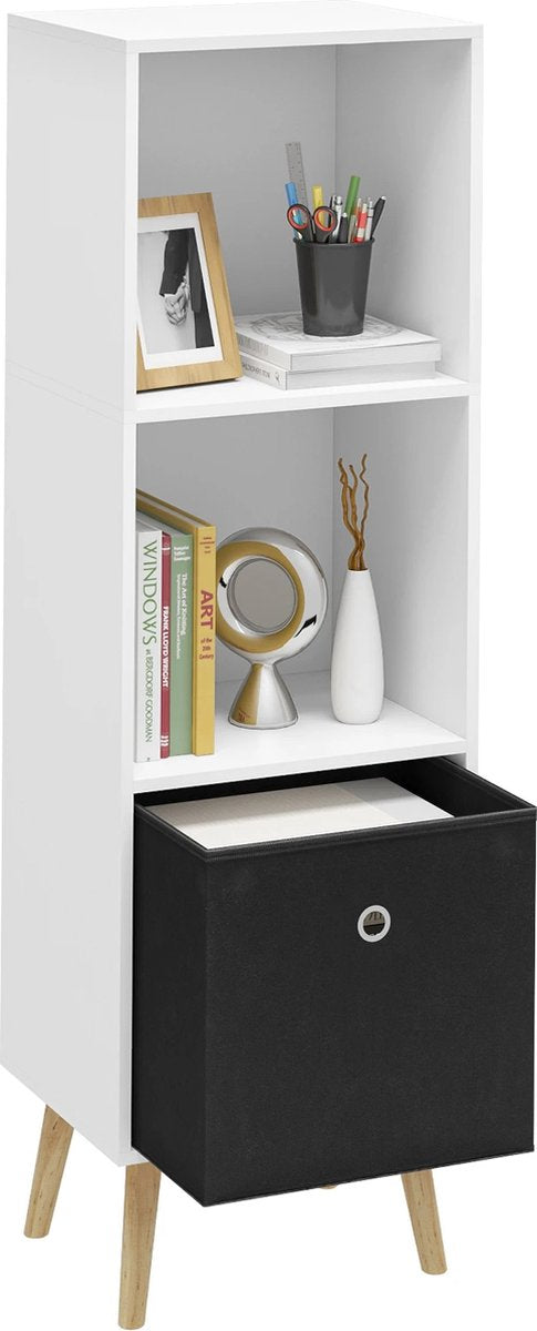 Boekenkast Modern - 3 Lagen - Inclusief Lade - Wit/Zwart - 36x30x114cm - Boekenplank - Woonkamer, slaapkamer en kinderkamer - Hout - MDf
