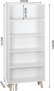 Happyment Boekenkast industrieel - 4 lagen - Op poten - Wit - Boekenrek - Woonkamer, slaapkamer en kinderkamer - Hout - 60 x 24x 144 cm