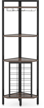 Bar Hoekkast - Wijnrek - 4-laags - Glazenhouder - Opbergrek - Hoekplank - Vakkenkast - Metaal en hout - 40x40x160 cm