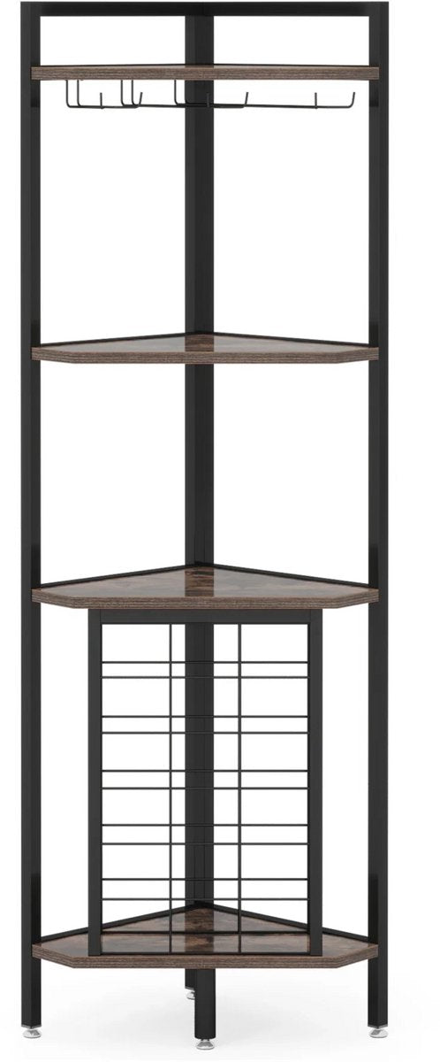 Bar Hoekkast - Wijnrek - 4-laags - Glazenhouder - Opbergrek - Hoekplank - Vakkenkast - Metaal en hout - 40x40x160 cm