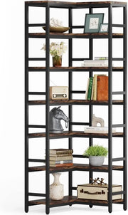 Hoekkast Dublin - Hoge vakkenkast 200cm - Boekenrek Hoekmeubel - Opbergrek 7 planken - Bruin