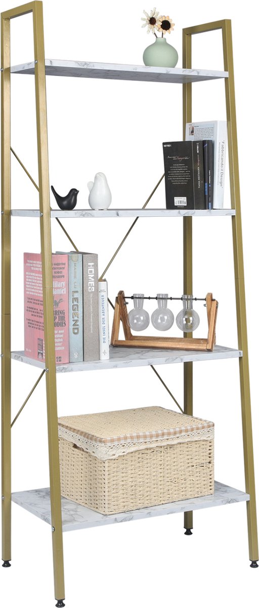 Boekenkast Foki - 4 lagen - Wit/Goud - Marble look - Boekenrek - Woonkamer, slaapkamer en kinderkamer - Hout - Wit - 60 x 35 x 148 cm
