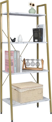 Boekenkast Foki - 4 lagen - Wit/Goud - Marble look - Boekenrek - Woonkamer, slaapkamer en kinderkamer - Hout - Wit - 60 x 35 x 148 cm