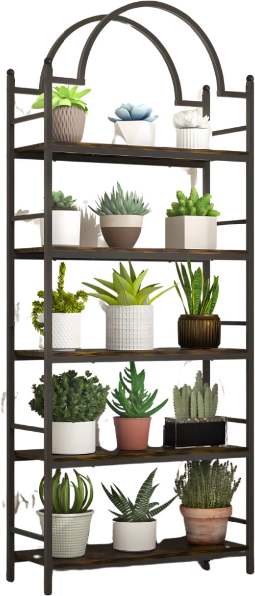 Boekenkast 5-Laags - Industrieel Wandrek met Gebogen Laddermodel - Zwart Metalen Frame & MDF Planken - Voor Woonkamer, Keuken of Kantoor