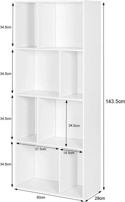 Happyment Boekenkast Daria OPEN - 8 Vakken - Wit - Boekenkast - Boekenrek - Woonkamer, slaapkamer en kinderkamer - Hout - 60 x 143 x 29 cm