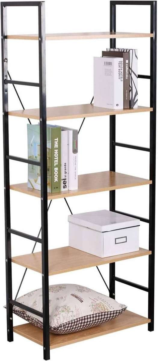 Boekenkast Podi - Industrieel - 5 Lagen - Zwart/Oak - Boekenrek - Woonkamer, slaapkamer en kinderkamer - Hout/Metaal - 60 x 28 x 148 cm
