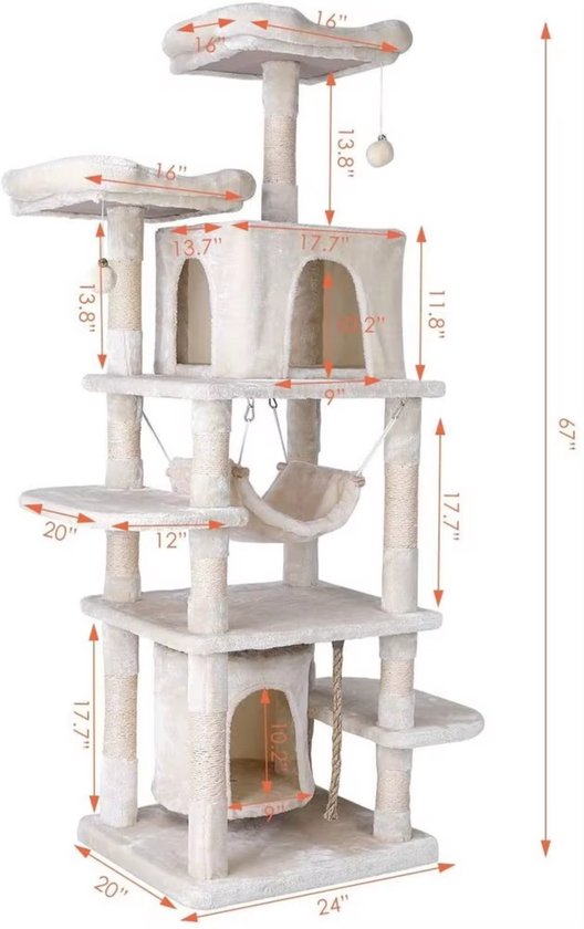 Kattentoren - Krabpaal - Grote Kattenboom met Stabiele Klimboom en Speelhuishangmat - Kattenkrabpaal 170 cm met Plank - Donkergrijs
