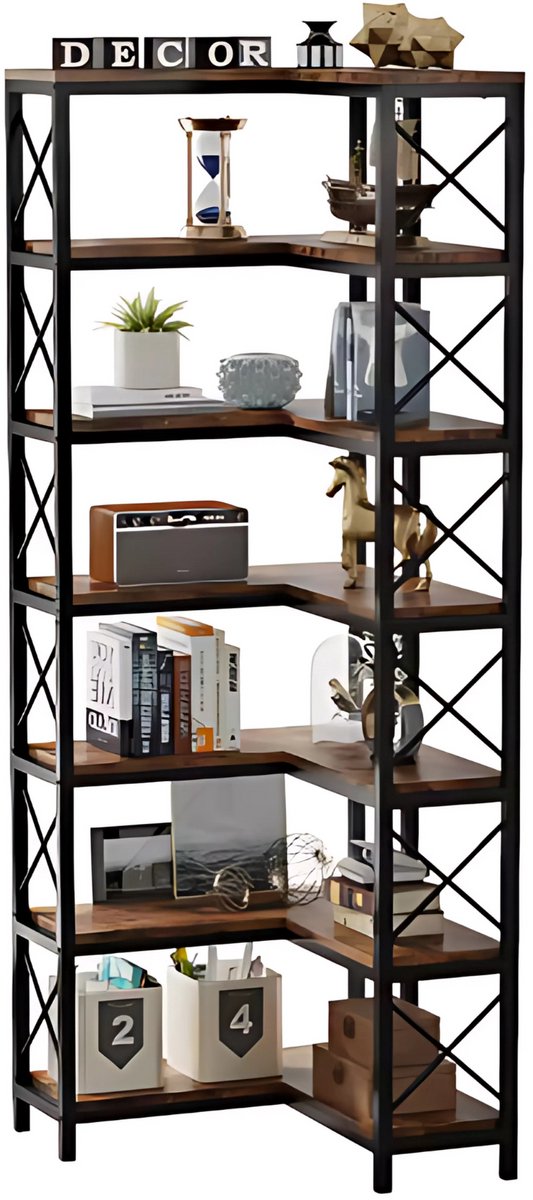 Boekenkast met 7 Lagen - Hoekkast - Bruin - Hoekrek - Voor Woonkamer, Slaapkamer of Kantoor