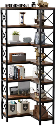 Boekenkast met 7 Lagen - Hoekkast - Bruin - Hoekrek - Voor Woonkamer, Slaapkamer of Kantoor