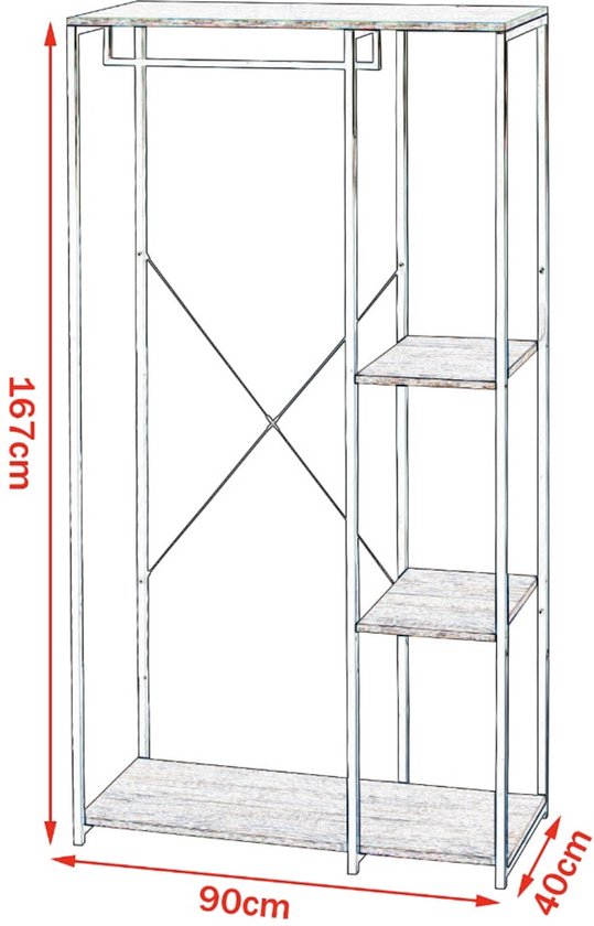 Happyment Kledingrek Diza- Met opbergruimte - Wit - Schoenenrek organizer - Kapstok - Garderobekast - Garderoberek - Kledingkast hout - 3 planken