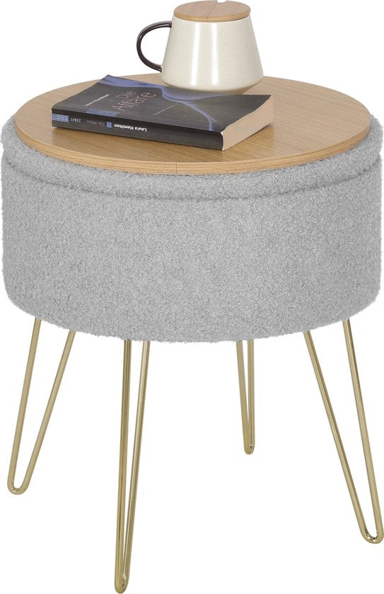 Luxe Poef Zaza - Met opbergruimte - Rond - Voetenbank met opbergruimte - Opbergbox hocker - Zitkist met deskel - Lichtgrijs - Teddy - 39x39x44 cm